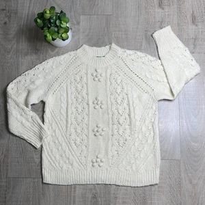 J. Crew Cream Cable Knit Embroidered Crew Neck Pullover Sweater Size Medium